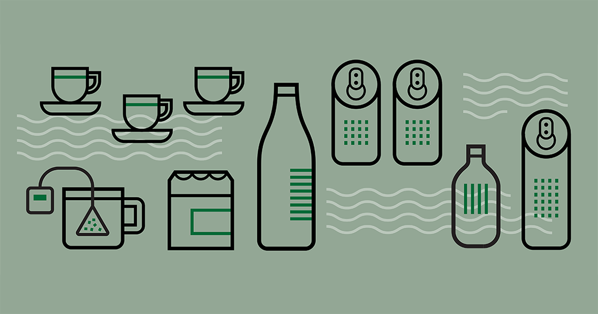 Boissons de cannabis : 8 choses à savoir Illustration de tasses, canettes et bouteilles sur fond vert représentant des boissons au cannabis, incluant du thé infusé et des boissons prêtes à consommer